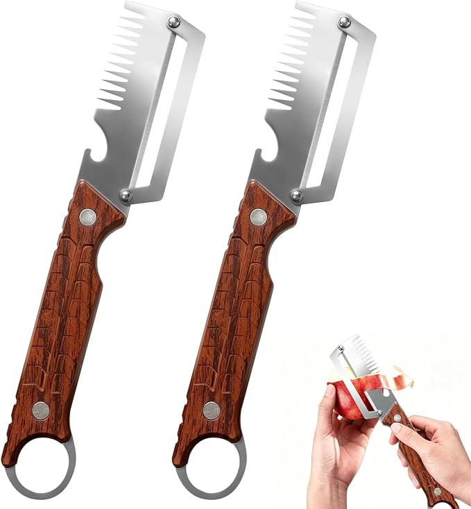 2Pack 3-in-1 Vegetable Peeler with Faux Wood Handle, Stainless Steel Julienne Peeler & Scallion Shredder with Built-In Bottle Opener, Kitchen Peeler for Potato, Carrot, Cucumber, Apple & Fruits