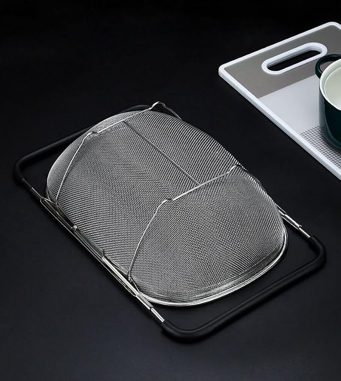 NikLye Stainless Steel Over the Sink Colander Basket with Expandable Handles, 6 Quart Fine Mesh Strainer for Pasta, Vegetables and Rice