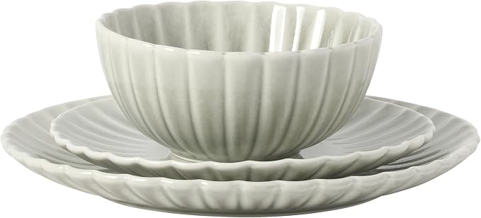 Gibson Elite Peach Orchard 12-Piece New Bone China Dinnerware Set Service for 4, Embossed Fluted Plates and Bowls, Dishwasher and Microwave Safe, Sage Green