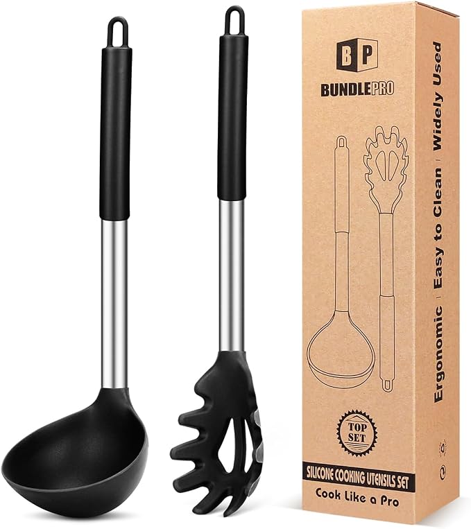 BUNDLEPRO Silicone Pasta Fork and Ladle Spoon Set, 2 Pack, Black | Large Non Stick, High Heat Resistant Kitchen Utensils for Cooking,Stirring,Serving Spaghetti, Soup, Sauce