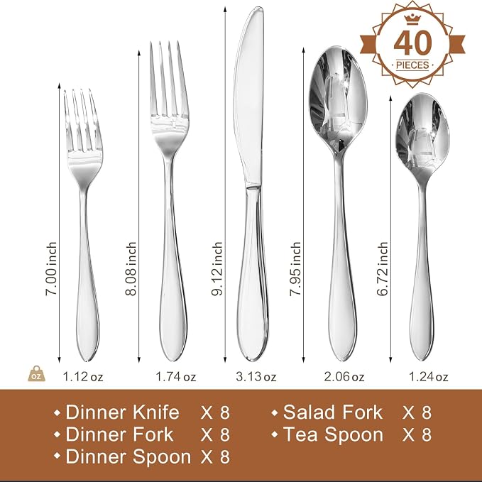 40-Piece Silverware Set for 8,18/10 Premium Stainless Steel Flatware Set, for Home, Restaurant, Wedding and Party Use, Mirror-Polished Cutlery Set, Dishwasher Safe