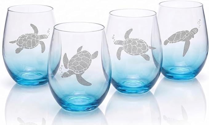 17oz Sea Turtle Stemless Wine Glasses, Set of 4, Blue Gradient Base | Coastal Drinkware Gifts for Beach House Decor, Ocean Lovers, Women & Mother's Day. Securely Packaged Gift Box Ready