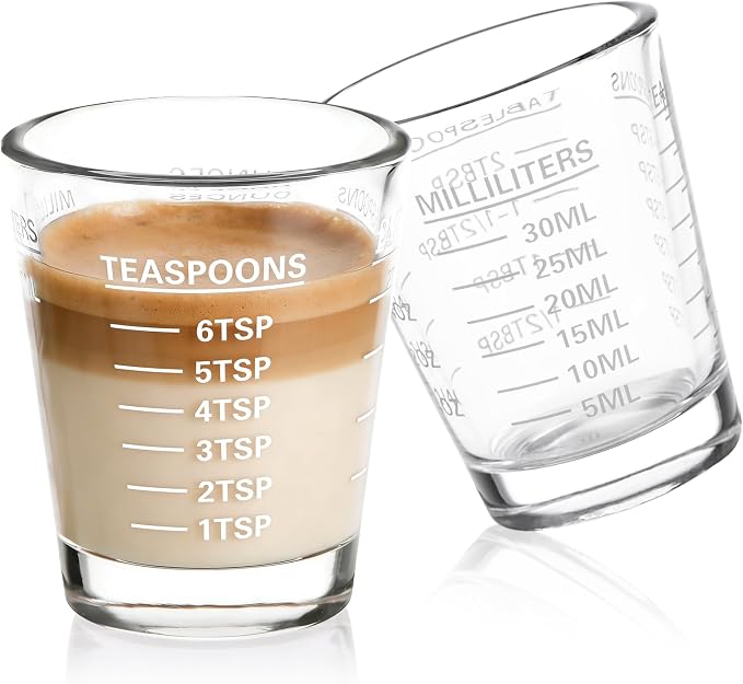 SAIAOKJ Shot Glass Measuring Cup Set, 2 Pack Espresso Shot Glasses (White) | Glass measuring cups feature 26 markings up to 1 OZ, 2 TBS, 6 TSP, 30 ML for espresso, liquor, medicine and recipes
