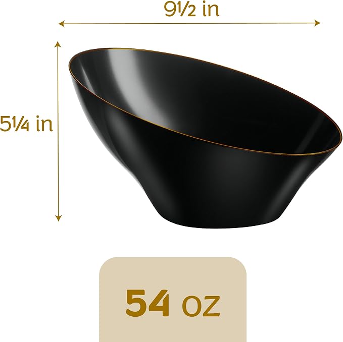 PLASTICPRO Angled Plastic Bowls Disposable Large Plastic Black Serving Bowls with Gold Rim for Party for Appetizer Salads Pack of 4