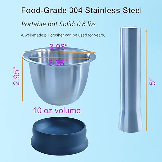 Pill Crusher Fine Powder, Mortar and Pestle Set for Large, Small and Multiple Pills, Solves Common Pill Grinder Issues - Solid 304 Stainless Steel, 10 oz