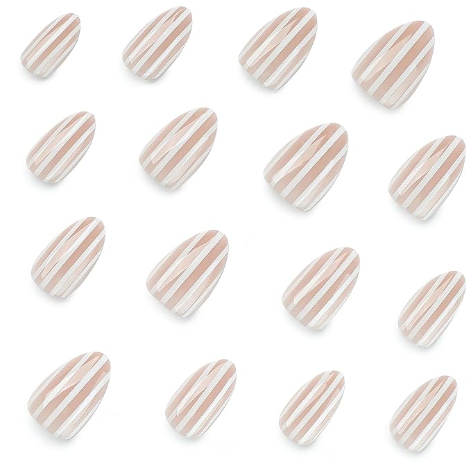 White Stripe Press On Nails Short Almond Fake Nails Full Cover False Nails | Reusable Glue On Nail Glossy Stick On Nail Acrylic Nails Press Ons For Women 24Pcs