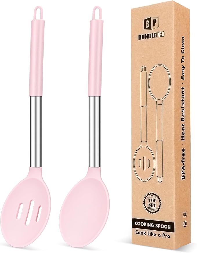 BUNDLEPRO Silicone Cooking Spoons for Non Stick Cookware, 2 Pack, Pink | Heat Resistant, Large Kitchen Spoons for Mixing, Serving, Draining, Stirring