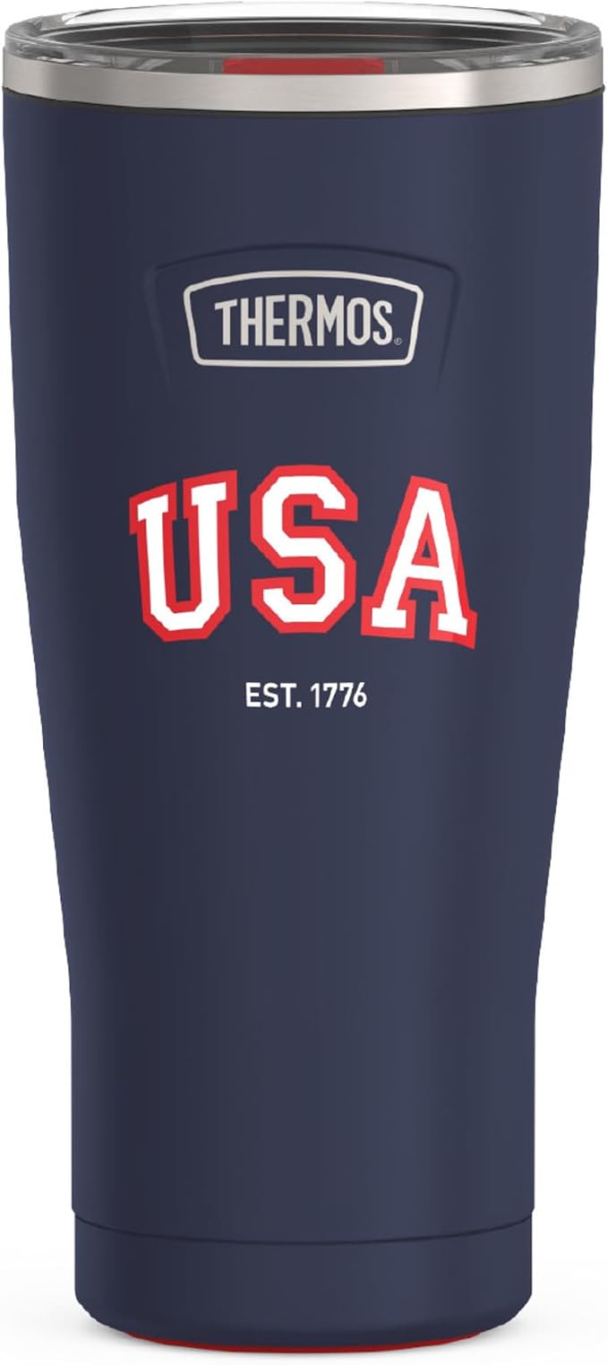 THERMOS Icon Series 24oz Stainless Steel Tumbler with Slide Lock Lid, Leakproof, Fits Cupholder, Dishwasher Safe, Griptec™ Non‑Slip Base, Keeps Drinks Hot 6 Hrs/Cold 22 Hrs, Navy USA