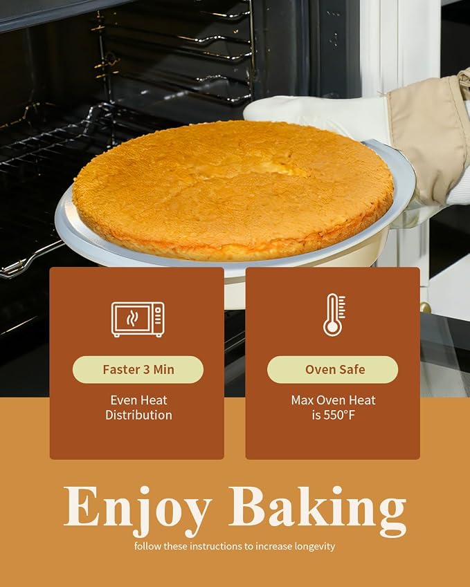 9 Inch Nonstick Round Cake Pan with Handle, Ceramic Coating PFOA PFAS PTFE Free, Aluminized Steel, Oven Safe 550°F, Dishwasher Safe, For Layer Cakes Cheesecakes and Brownies (Sunshine Cream)
