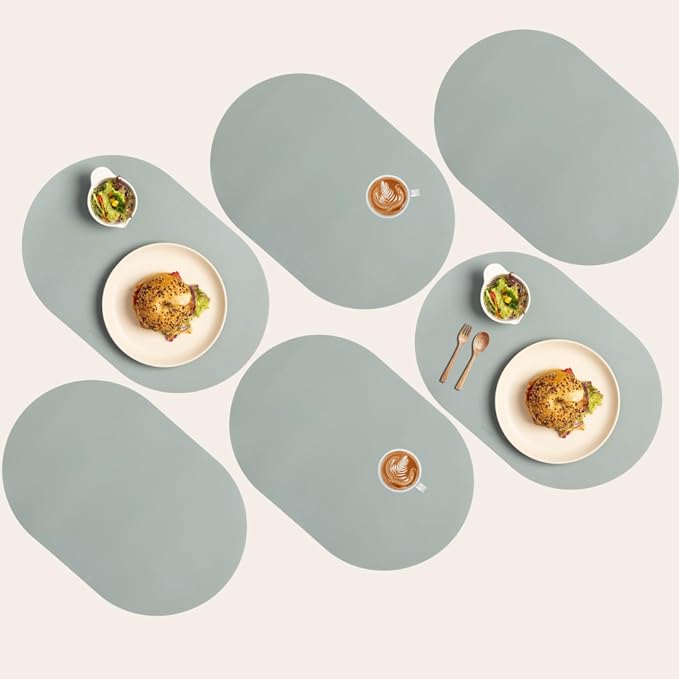 Mint Green Oval Silicone Placemats Set of 6 – Heat Resistant, Waterproof, Easy to Clean Non-Slip Modern Dining Table Mats – Premium Leather Textured Japandi Kitchen Decor