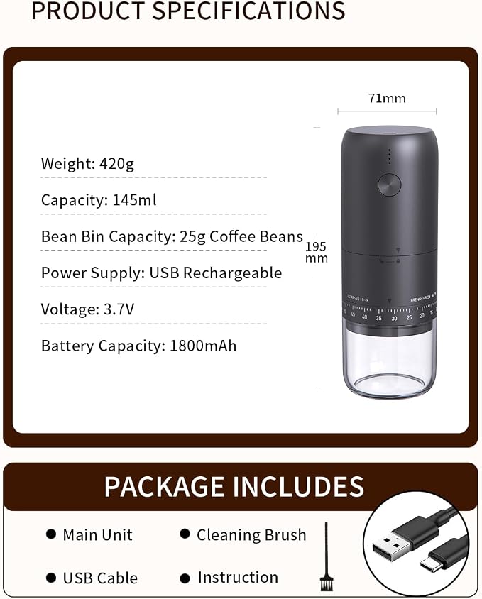CIRCLE JOY Rechargeable Electric Burr Coffee Grinder Portable Cordless Coffee Bean Grinder with Stainless Steel Conical Burr, 90-Level External Adjustment and Battery Indicator Light, Black