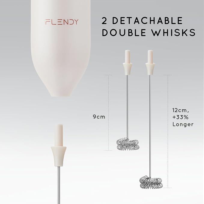 Flendy Rechargeable Milk Frother Handheld with Charging Stand | USB-C Charging Dock, 2 Detachable Double Whisk, Extra Long Mixer Wand, Wall Mount, Top Button, Compact Electric Stirrer