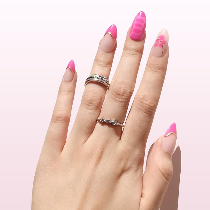 Nail Reformation Press On Nails, Peony Pop | 3D Floral Medium Almond 30 Pcs | 15 Sizes Fake Nails with Pink French Tips on Nude Base in Glossy Finish, Reusable Stick On Nail Kit with Glue for Women Gifts