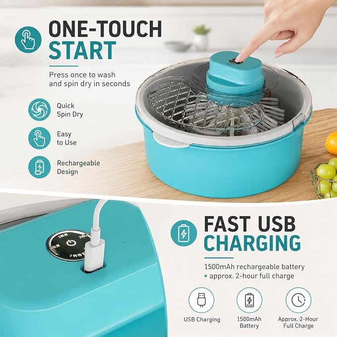 Electric Salad Spinner and Produce Washer, Cordless Fruit Cleaner Spinner with Non-Slip Base, Multifunctional Vegetable Dryer for Lettuce Greens Berries，Yellow