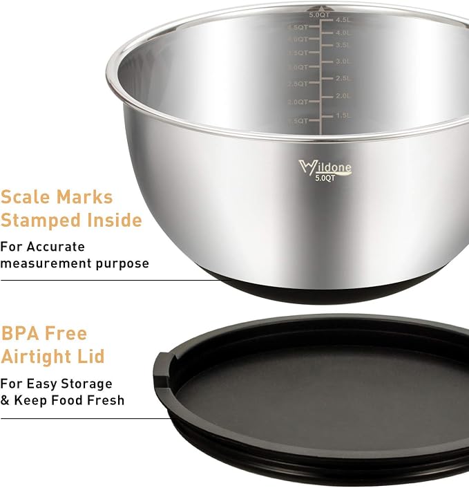 Wildone Mixing Bowls with Airtight Lids Set, 5PCS Stainless Steel Nesting Bowls for Kitchen, with Grater Attachments & Non-Slip Bottoms, Size 5, 3, 2, 1.5, 0.63 QT, Great for Mixing & Serving