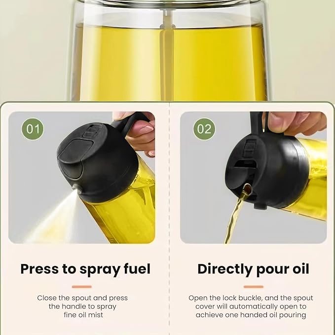2-in-1 Cooking Oil Bottle, Glass Olive Oil Sprayer & Dispenser, Food-Safe Refillable Spritzer, Dual Function Pour and Spray Design, Leak Resistant for BBQ, Salad, Air Frying & Baking