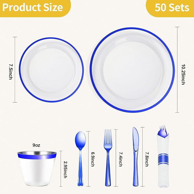 350 Pcs Clear Blue Plastic Plates Disposable for Party 50 Guests | Party Supplies Includes 100 Plates, 50 Pre Rolled Napkins with Cutlery Set, 50 Cups, for Graduation, Birthday, Christmas