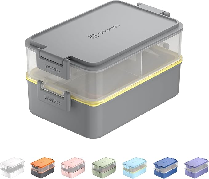 Stackable 2-Tier Adult Bento Box, 4 Compartments - Ultimate Gray | leakproof sauce cups, utensil set included, microwave & dishwasher safe, 7 colors available, ideal for work/school/picnic