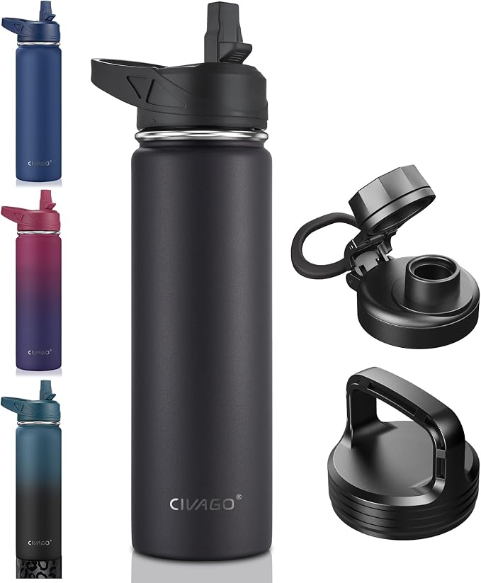 CIVAGO 22 oz Insulated Stainless Steel Water Bottle With Straw and 3 Lids | Large Metal Sports Water Jug, Leakproof Reusable Wide Mouth Thermal Flask Cup with Silicone Boot, BPA-Free, Black