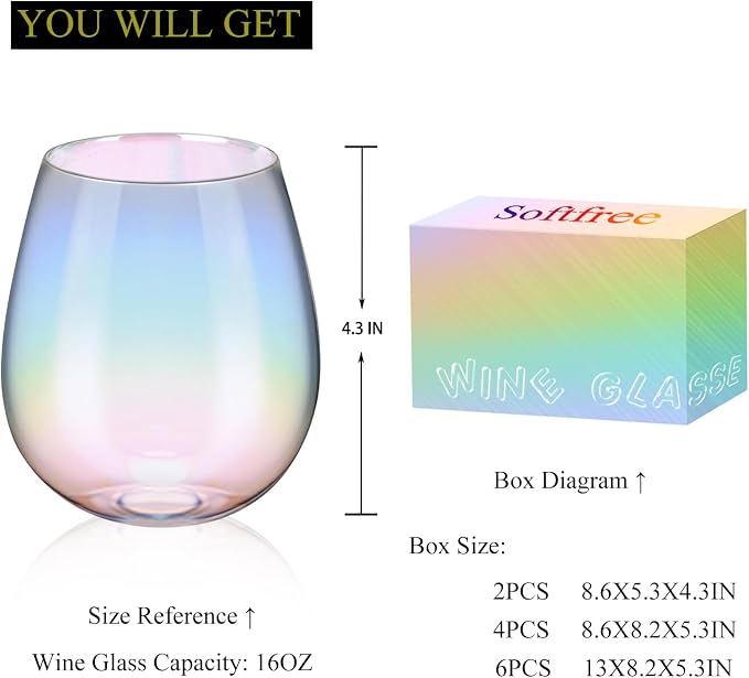 Iridescent Stemless Wine Glass Set of 2, 16OZ Unique Rainbow Wine Glass Cute and Cool, No Stem Colorful Drinking Glassware Gift for Birthday Party Wedding Holiday