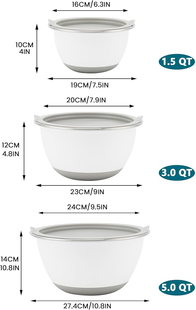 18/8 Stainless Steel Mixing Bowls Set with Lids,1.5,3 & 5 Qt,White | Non-Slip Silicone Base & Measurement Marks, Airtight Food Storage for Baking, Cooking & Meal Prep，Nesting Design