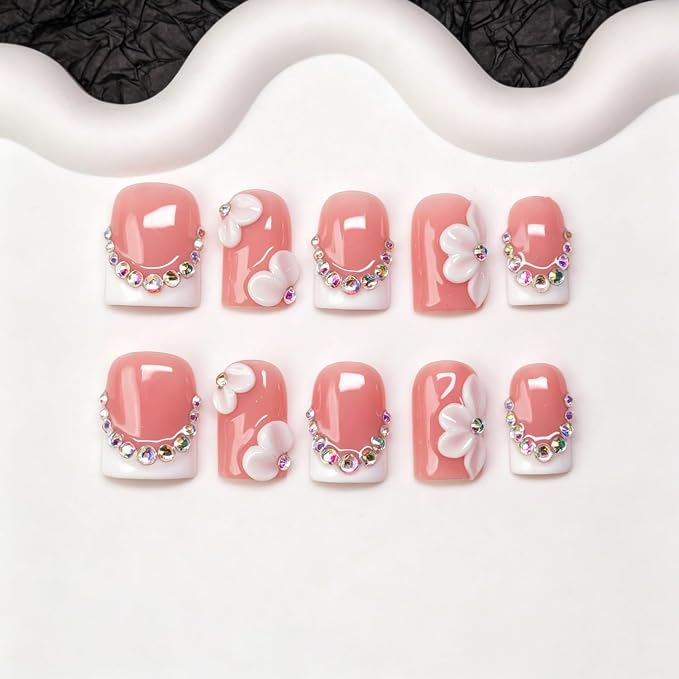 Rhinestone Handmade Press on Nails White French Tip Short Square Fake Nails with 3D Flower & Rhinestone Charms Designs Elegant Nude Pink Glossy Thick Acrylic Nail Stick on Nails for Women (S)