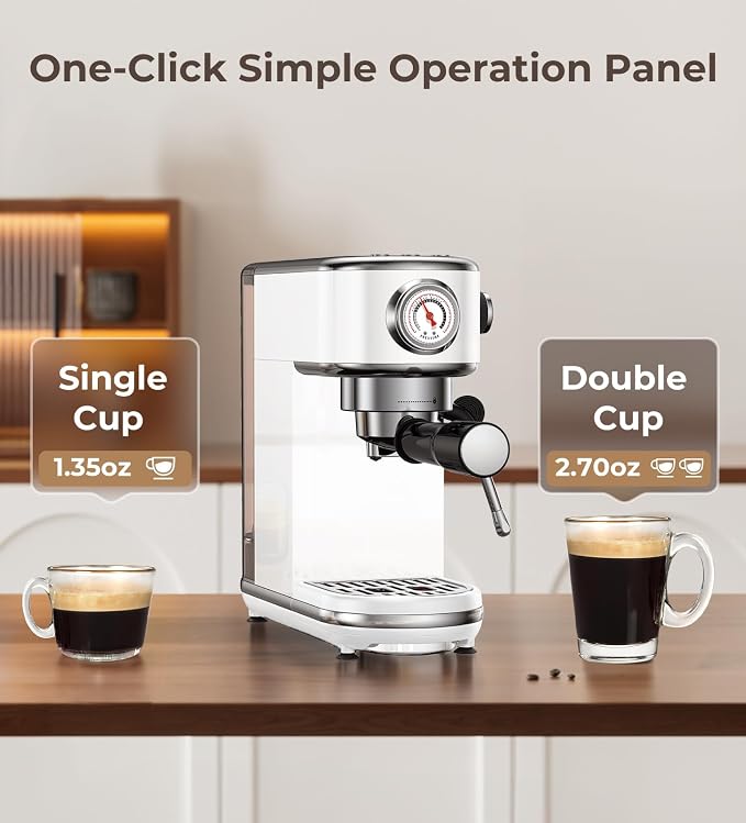 atatix 20 Bar Espresso Machine with Milk Frother, Compact Espresso Maker | Stainless Steel Coffee Machine with Precise Temp Control, 44oz Removable Water Tank for Latte, Cappuccino, White
