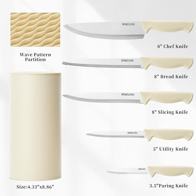 Knife Set, 6-Piece Kitchen Knife Set, German High Carbon Stainless Steel, Durable & Easy Clean Knife Block, Cream