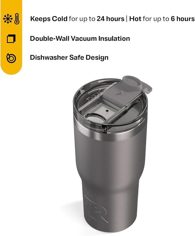 RTIC 20oz Essential Tumbler with Lid, Ceramic Lined, Graphite | Insulated, Stainless Steel Metal, Portable Travel Cup for Hot and Cold Drinks, Coffee, Car, Camping and Travel