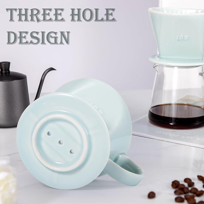 Pour Over Coffee Dripper, Ceramic Pour Over Coffee Maker, Green | 3 Holes Flat Bottom, Easy Manual Brew Maker, Porcelain Slow Filter Cone for Travel, Camping, Office, Home