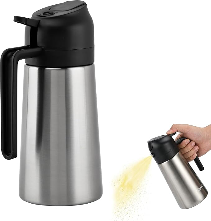 Oil Dispenser Bottle, 2 in 1 Olive Oil Sprayer and Dispenser, 470ml Stainless Steel Oils Bottle Non-stick Ceramic Interior Oils Sprayer for Cooking BBQ Air Fryer Salad Baking