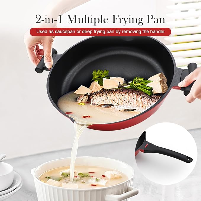 14-Inch Large Deep Frying Pan Skillet with Lid, 5-Quart Non stick Saute Pan, 2-In-1 Nonstick Sauté Pan Everyday Pan with Lid, Compatible with All Stoves, PTFE & PFAS-Free