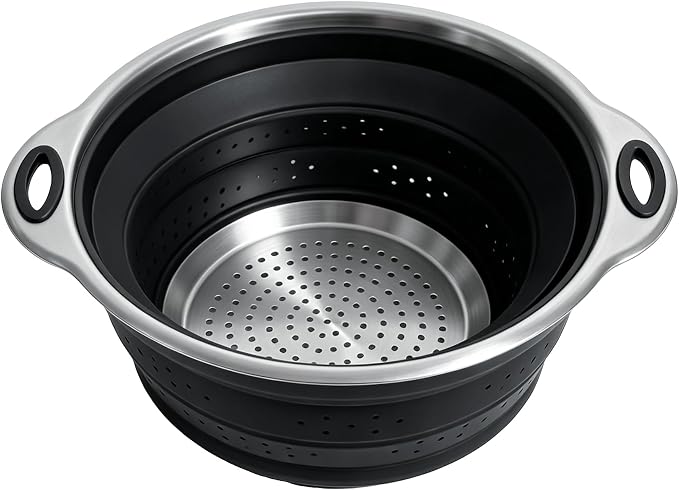 Mejoncb Collapsible Colander – Platinum Silicone Strainer with Stainless Steel Base, BPA-Free & Heat Resistant Kitchen Drain Basket (Black)