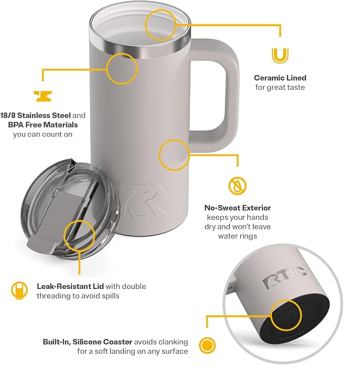 RTIC 16oz Road Trip Travel Mug with Lid and Handle, Ceramic Lined, Insulated, Stainless Steel, Metal, Double Wall Vacuum-Insulation, Portable Coffee, Tea Cup for Hot and Cold Drink, Cool Grey