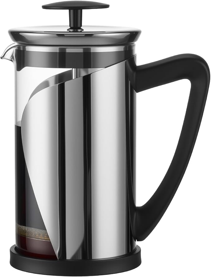 KYZ Glass French Press Coffee Maker, 20 fl oz Carafe, Stainless Steel Mesh | Four-stage filtration filters grounds; borosilicate glass handles -20°C to 150°C for coffee, cold brew and loose leaf tea