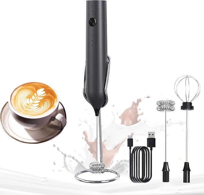 YARRAMATE Rechargeable Milk Frother, Electric Mixer with Stand | Frother Wand with 2 Stainless Steel Whisks, Handheld Drink Mixer for Latte, Cappuccino, Matcha, Coffee and Protein Drinks
