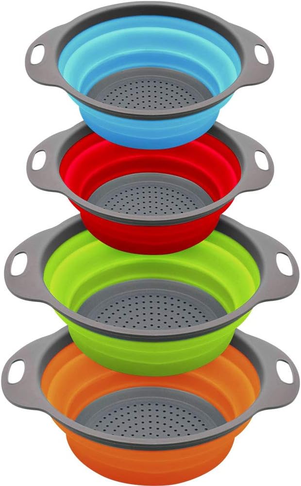 QiMH Collapsible Colander and Strainer Set of 4, 2 PC 4 Quart(1 gal) and 2 PC 2 Quart(0.5 gal), Food-grade Sturdy Plastic Base - Round Space-save Silicone Kitchen Foldable Strainer for Pasta, Veggies