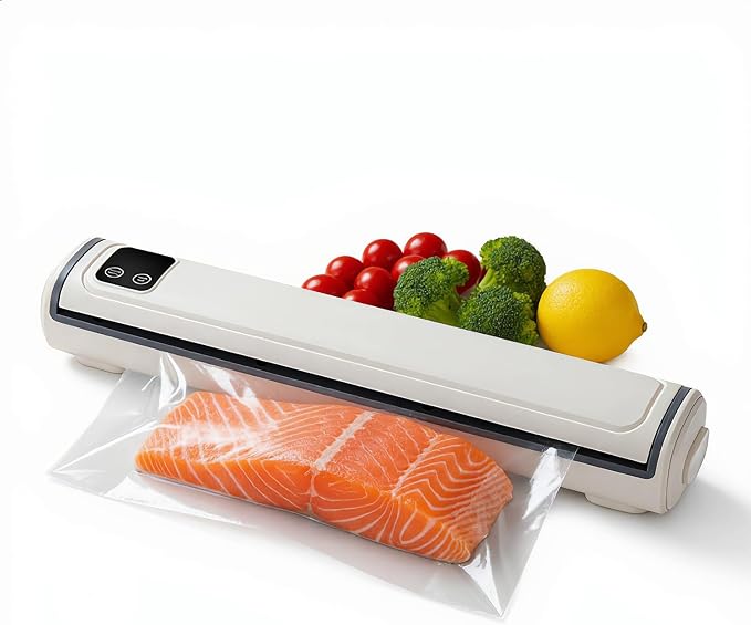 Vacuum Sealer with Compact Build, One-Touch Automatic Sealing Cycle (10-20 Seconds), Dry/Moist/Wet/Cold Food Modes, Includes 10 Vacuum Sealer Bags and Built-in Cutter for Easy Length Adjustment