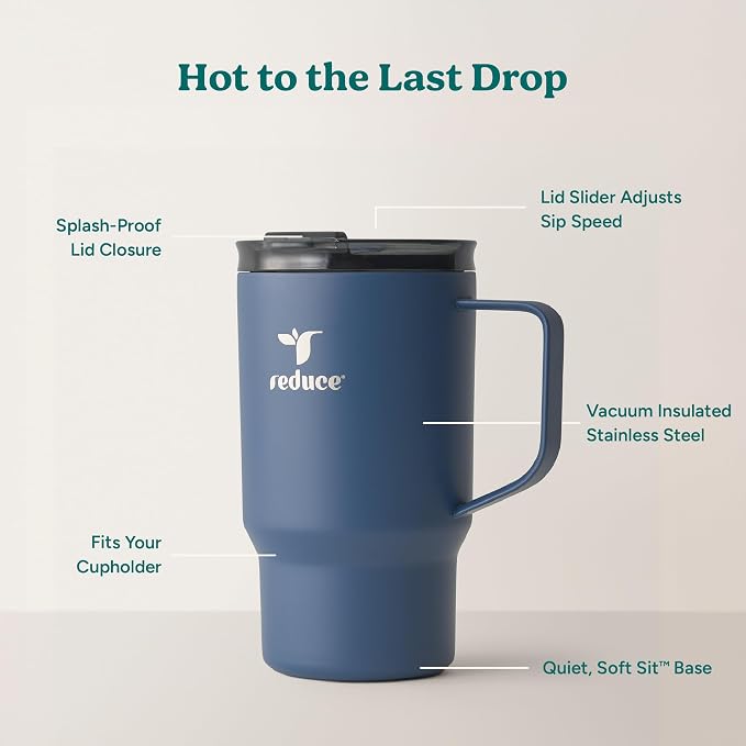REDUCE Hot1 18 oz Insulated Stainless Steel Mug - Temperature Adjusting Lid | Dual-wall vacuum, keeps drinks hot for 6 hours, cupholder friendly, ideal for coffee & tea, Mineral Blue color