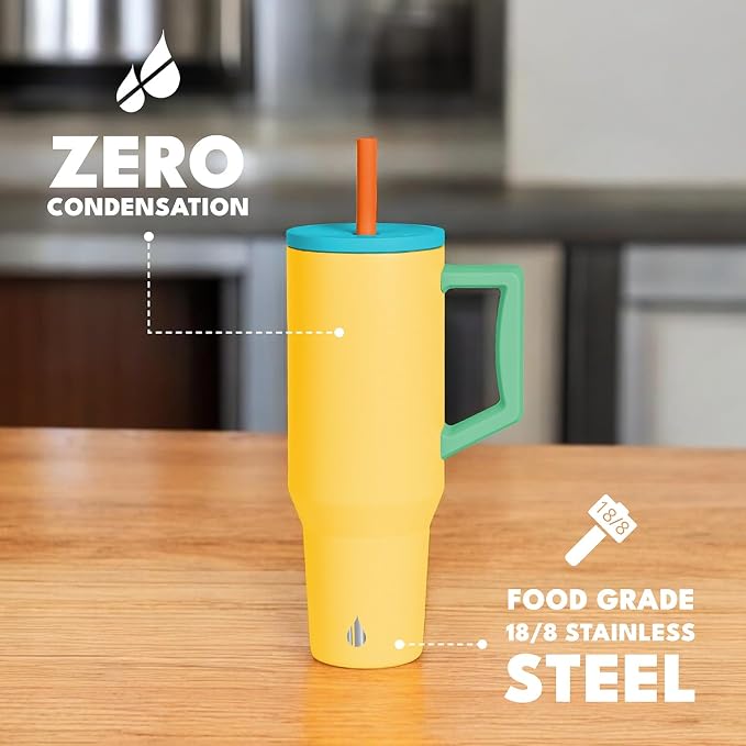 Elemental Spill Proof 40oz Insulated Tumbler with Handle & Straw Travel Mug | Stainless Steel Commuter Travel Coffee Mug for Cold Beverages, Includes 2 Straws & a Spill Proof Lid for Everyday Use