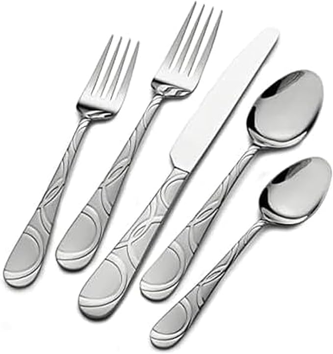 Pfaltzgraff Frost 53-Piece Flatware Set, 18/0 Stainless Steel Silverware Set for 8 with Steak Knives, Serving Pieces, Dishwasher Safe