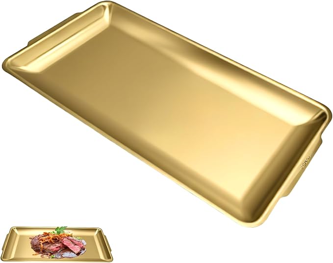 304 Stainless Steel Food Serving Tray, 12.6 Inch Rectangular Serving Tray Platters with Brushed Finish, Ideal for Kitchen Party Organizer Dining Buffet and Outdoor Events (Gold)