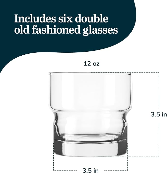 Libbey Newton Double Old Fashioned Glasses Set of 6, Sleek, Stackable Short Drinking Glasses, Lowball Cocktail Glasses for Anniversaries, Holidays