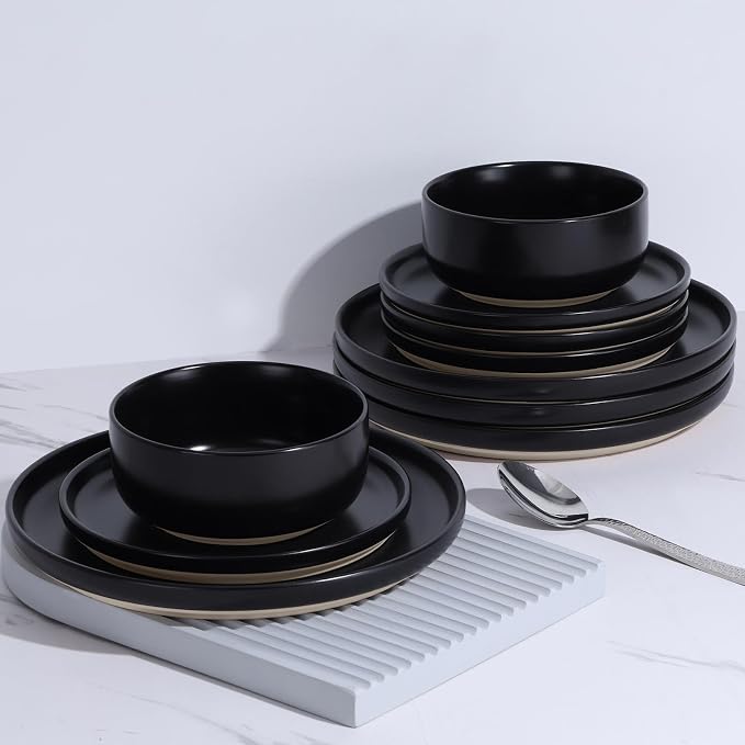 LIANYU Plates and Bowls Sets for 8, 24 Piece Stoneware Dinnerware Set, Porcelain Dishware for Kitchen and Dining, Microwave Oven Dishwasher Safe, High temperature & Scratch Resistant, Matte Black