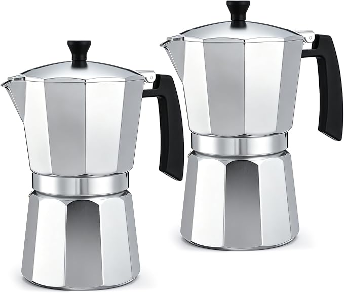 2 Pack Stovetop Espresso Maker 450ml 9 Cup Moka Pot, Classic Silver Aluminum Coffee Maker, Italian Machine for Gas or Electric Stove, Rich Espresso Cappuccino Latte