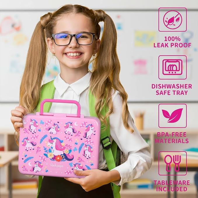 rockpapa Chill Bento Box for Kids with Ice Pack, 5-Compartments, Fairies | Large 5.5 Cups, BPA-Free, Leak Proof, with Utensils & Handle, Microwave/Dishwasher Safe, for School, Picnic, Boys, Girls