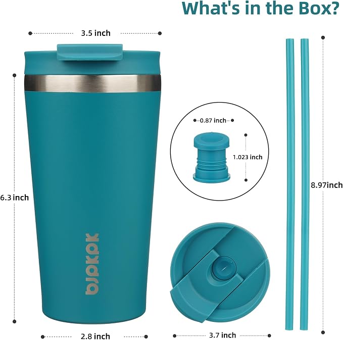 BJPKPK 18 oz Coffee Tumbler with Straw, Insulated Stainless Steel Cup | Double Wall Vacuum, Leak Proof, Keeps Hot/Cold, BPA Free, Dishwasher Safe, Cupholder Friendly, Travel, Laguna