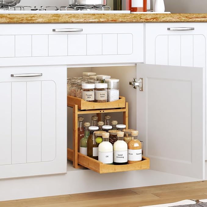 MHXW SXPN Bamboo Under Sink Organizer, 2 Pack Pull Out Cabinet Organizer | 2 Tier Vertical Smooth Slide Out Undersink Storage Shelf | Multi-Purpose Organizer Shelves for Kitchen Bathroom Medicine