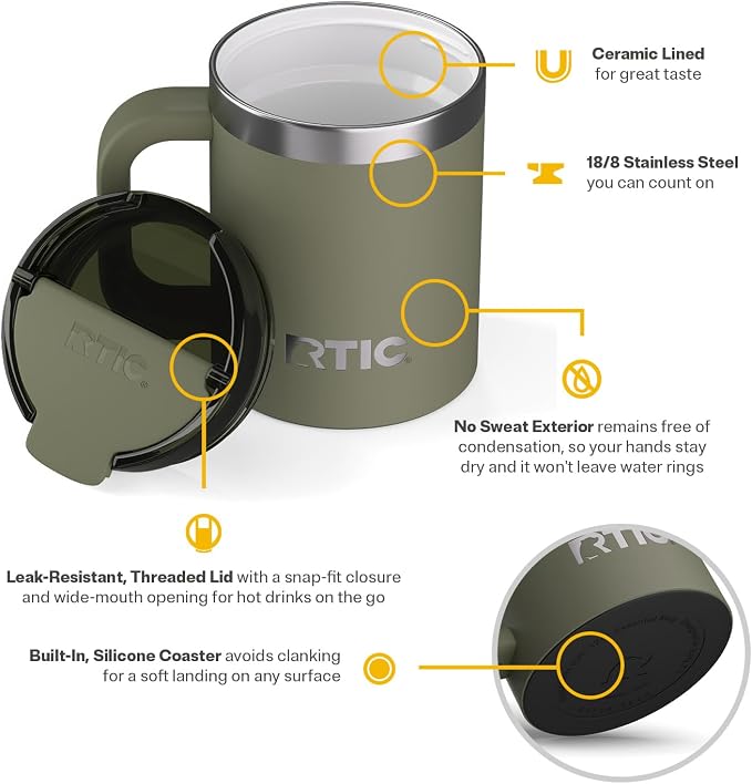 RTIC 12oz Essential Mug with Lid and Handle, Ceramic Lined, Olive | Stainless Steel Metal, Insulated Travel Cup for Hot and Cold Drinks, Coffee, Car, Camping and Travel