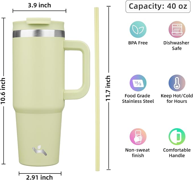 Konokyo 40 oz Insulated Tumbler Water Bottle with Handle, Straw Lid | BPA-free and dishwasher safe; made for gym, travel, coffee and gifting, 2 straws, cup holder friendly,Macaron Green